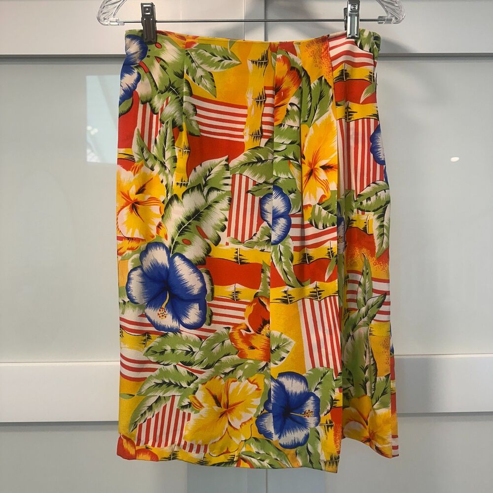 NEW Vintage NWT Tropical Floral Hibiscus 100% Silk Pleated Midi Skirt Size 8